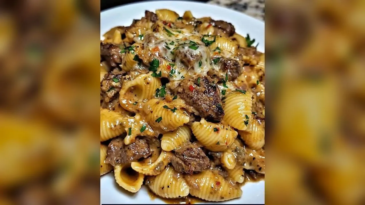 Кремові макарони-«ракушки» зі стейком