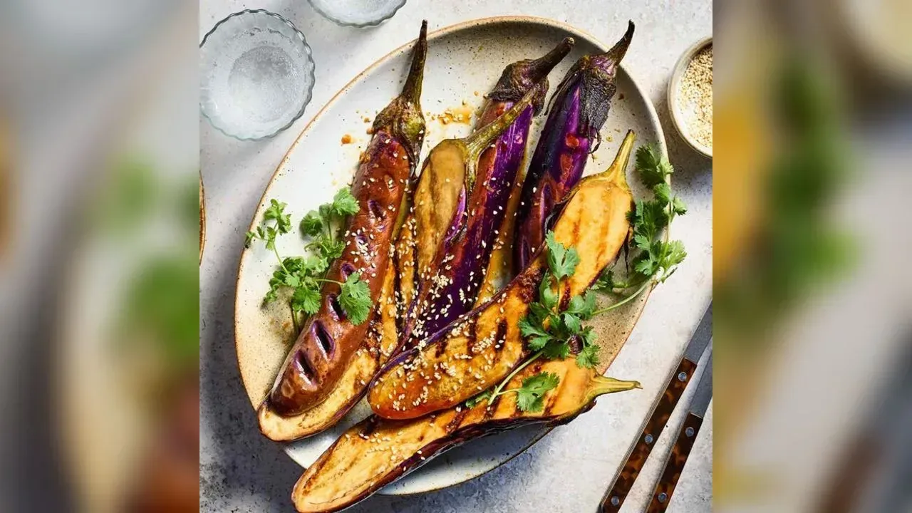 Griddled aubergines with sesame dressing