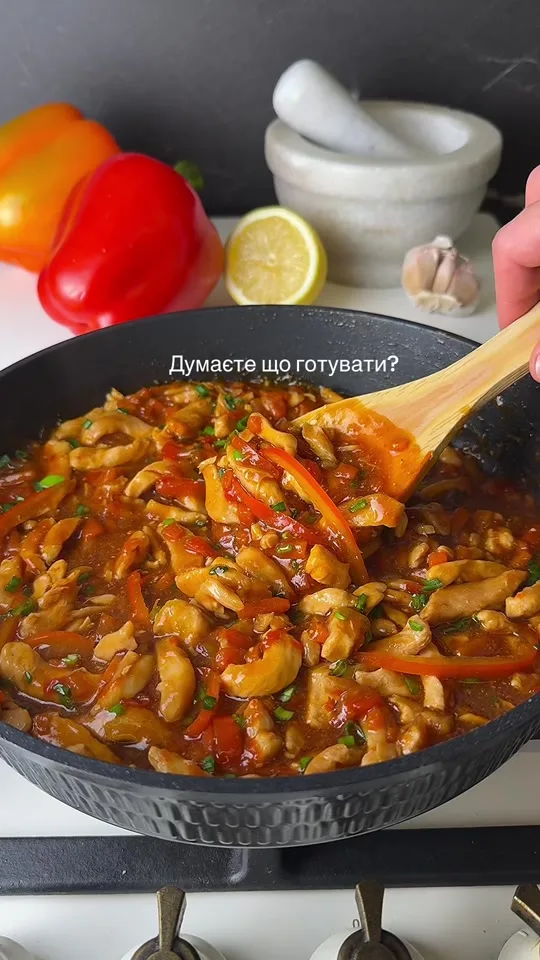 One-pan chicken fillet with vegetables in soy‑tomato sauce