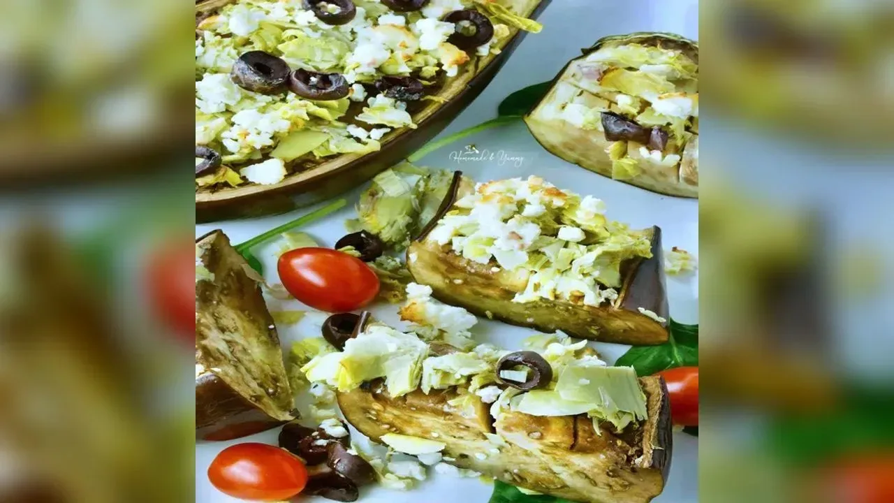 Roast aubergine with goat's cheese & toasted flatbread