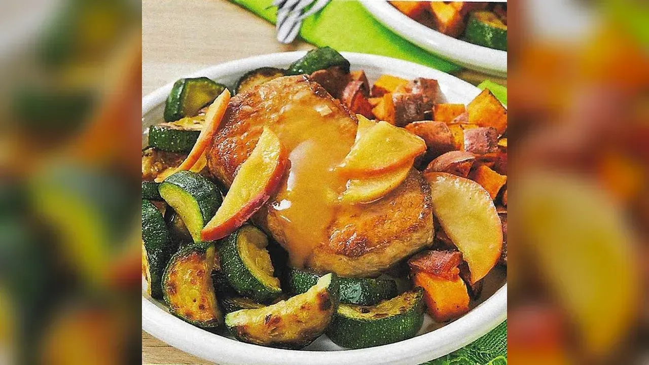 Skillet Apple Pork Chops with Roasted Sweet Potatoes & Zucchini