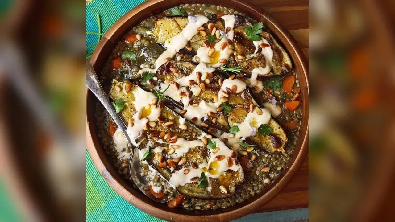 Roasted Eggplant With Tahini, Pine Nuts, and Lentils