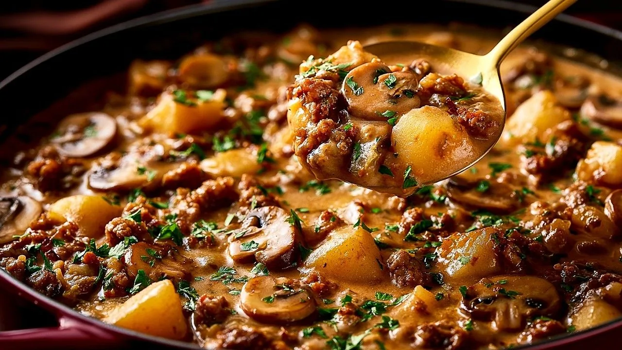 Creamy Ground Beef, Mushroom and Potato Skillet